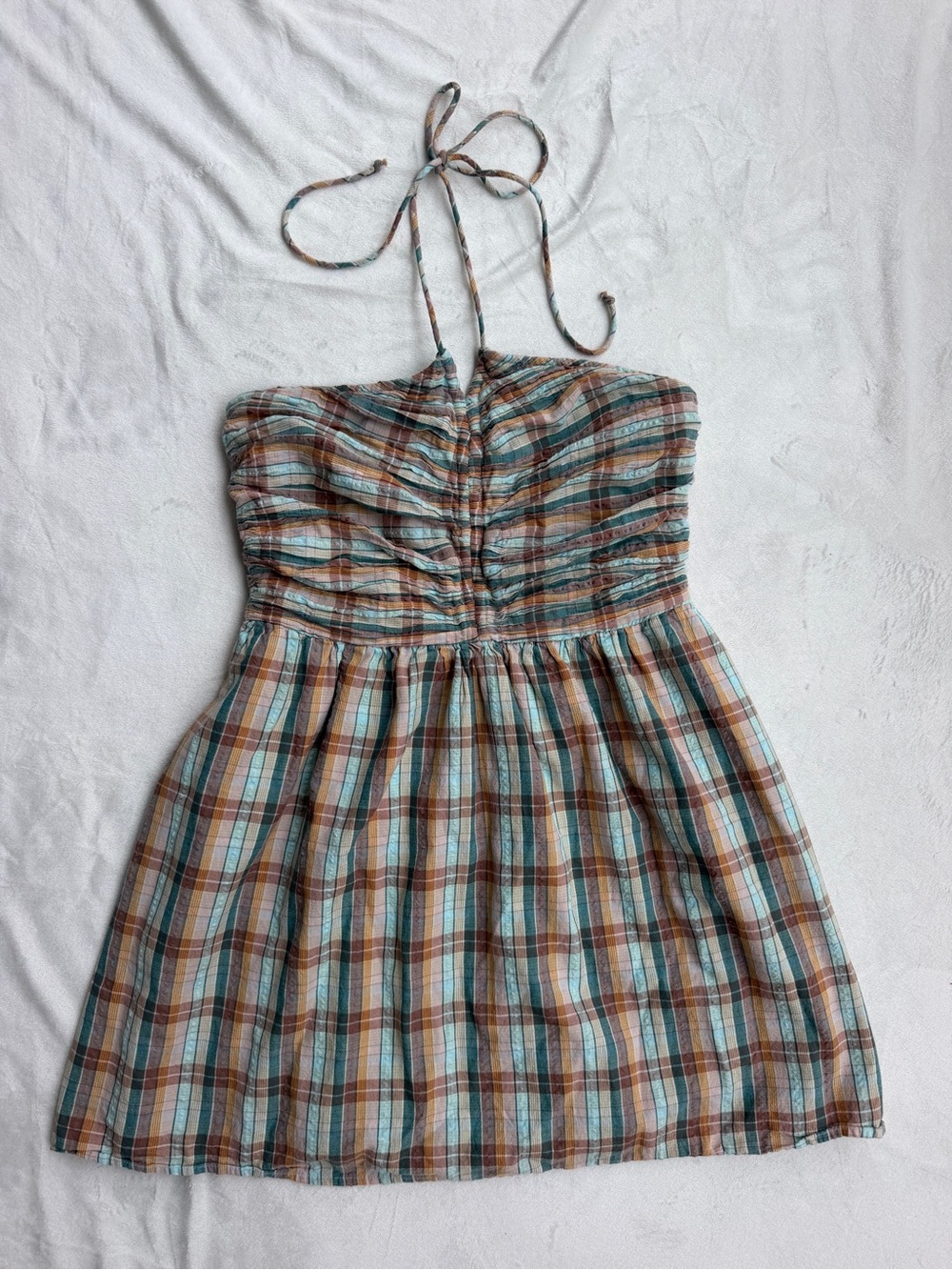 American Eagle Blue and Brown Checked Halter Mini Dress